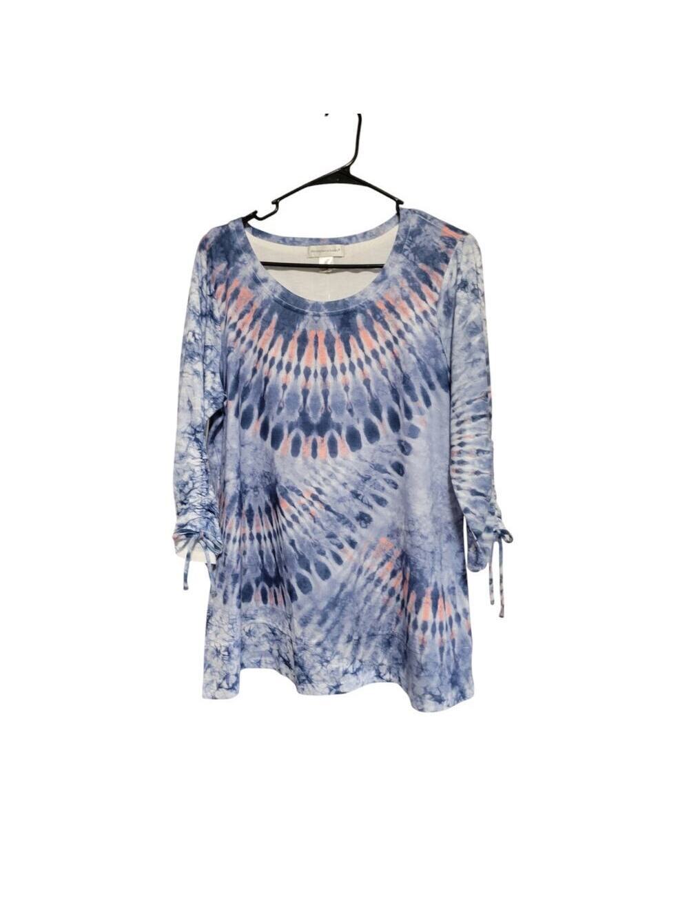 NWT Christopher & Banks Blue Tie Dye 3/4 Sleeve Blouse Women's Size L